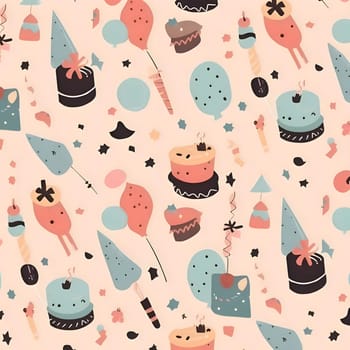Patterns and banners backgrounds: Seamless pattern with birthday cake, candles, confetti.