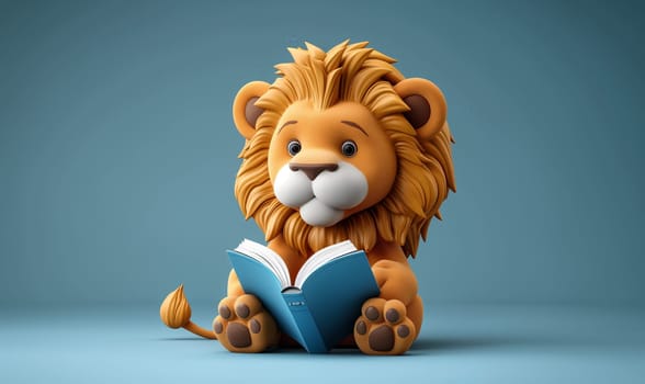 3D illustration of a lion reading a book. Selective soft focus.