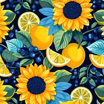 Patterns and banners backgrounds: Seamless pattern with sunflowers, lemons and berries. Vector illustration.