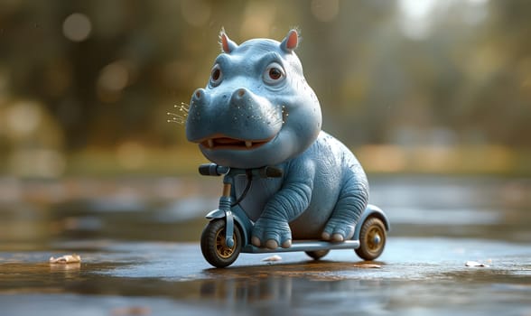Cartoon hippopotamus on a scooter on a blurred background. Selective focus.