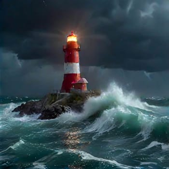 Lighthouse on the rocks by the raging waves. Lighthouse on sea rock. Sea rock lighthouse. Coastal lighthouse landscape for content creation