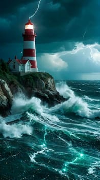 Lighthouse on the rocks by the raging waves. Lighthouse on sea rock. Sea rock lighthouse. Coastal lighthouse landscape for content creation