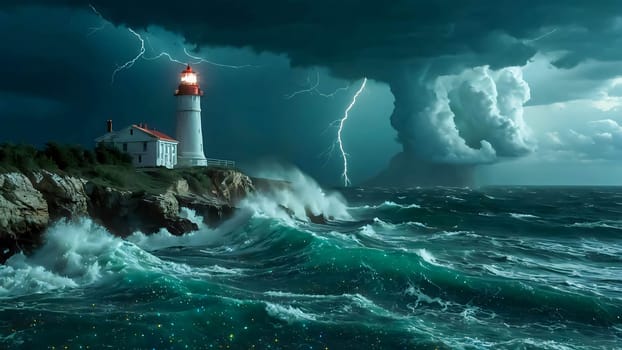 Lighthouse on the rocks by the raging waves. Lighthouse on sea rock. Sea rock lighthouse. Coastal lighthouse landscape for content creation