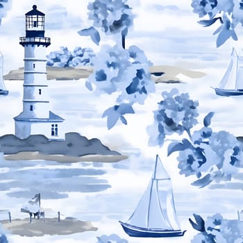 Patterns and banners backgrounds: Seamless pattern with lighthouse, sailboat and flowers on watercolor background