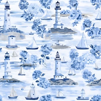 Patterns and banners backgrounds: Seamless pattern with watercolor lighthouses, boats and flowers