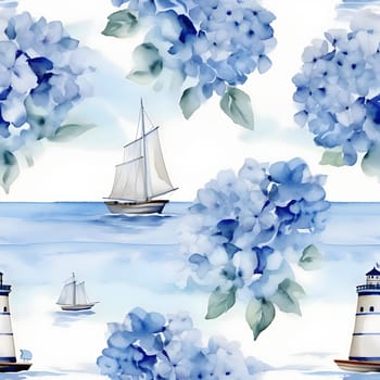 Patterns and banners backgrounds: Seamless pattern with watercolor hydrangea and ships