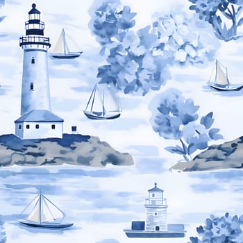 Patterns and banners backgrounds: Seamless pattern with lighthouse, sailboat and blue flowers.
