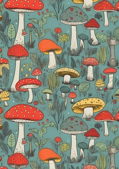Patterns and banners backgrounds: Seamless pattern with fly agaric, mushrooms and forest plants.