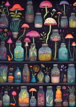 Patterns and banners backgrounds: Seamless pattern with mushrooms and plants in glass jars on a dark background