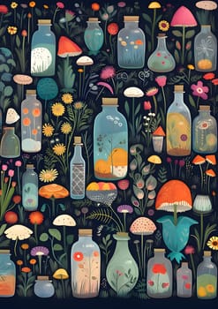 Patterns and banners backgrounds: Seamless pattern with magic potion bottles and mushrooms. Vector illustration.