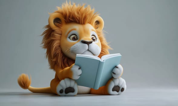 3D illustration of a lion reading a book. Selective soft focus.