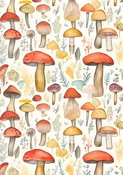 Patterns and banners backgrounds: Seamless pattern with mushrooms and plants. Watercolor illustration.