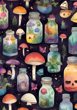 Patterns and banners backgrounds: Seamless pattern with watercolor mushrooms and glass jars on dark background