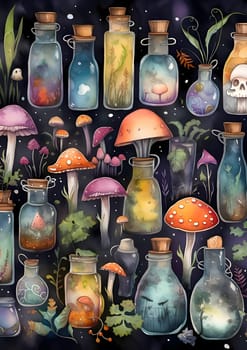 Patterns and banners backgrounds: Seamless pattern with magic potion bottles, mushrooms and plants.