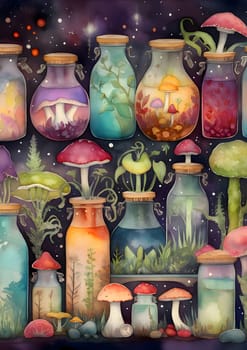 Patterns and banners backgrounds: Seamless background with magic potion bottles and mushrooms. Hand drawn illustration.