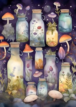 Patterns and banners backgrounds: Seamless pattern with magic mushrooms in glass bottles. Watercolor illustration.