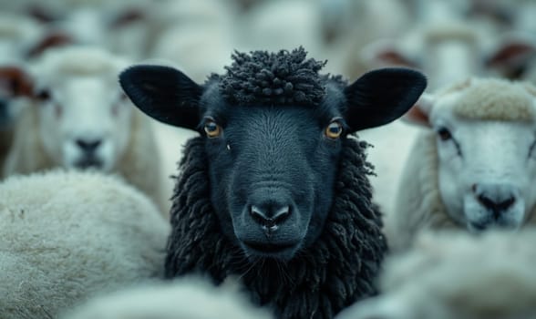 A black sheep among white sheep in a herd. Selective focus.