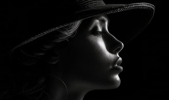 Female silhouette in a hat on a dark background. Selective focus.