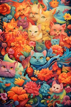 Patterns and banners backgrounds: Colorful abstract background with cute cats and flowers. Vector illustration.