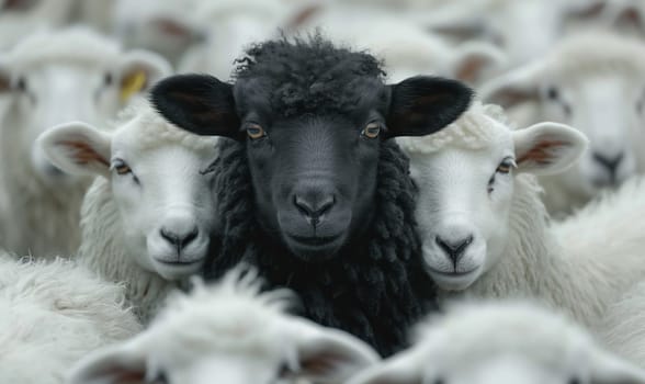 A black sheep among white sheep in a herd. Selective focus.