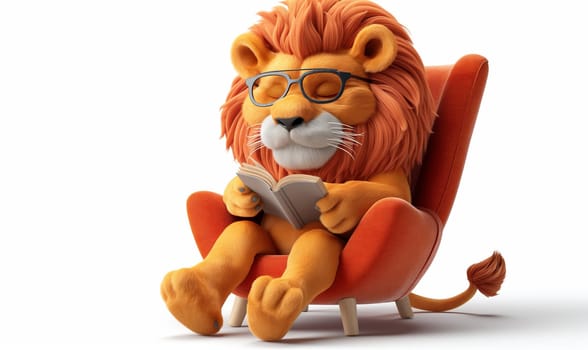3D illustration of a lion reading a book. Selective soft focus.