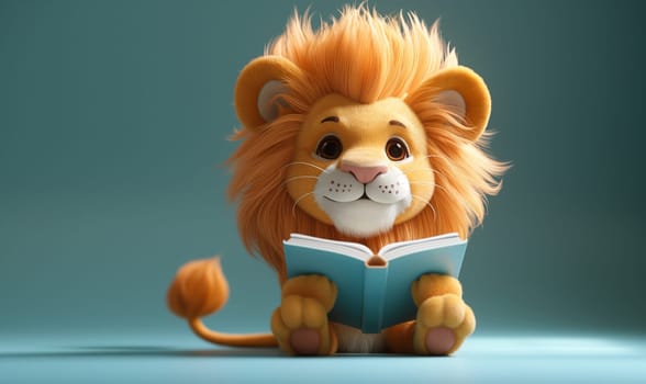3D illustration of a lion reading a book. Selective soft focus.