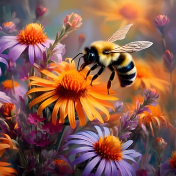 Patterns and banners backgrounds: Bumblebee collects nectar from flowers. Nature background. Digital painting.