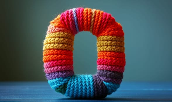 Knitted colored letter O on an abstract background. Selective focus.
