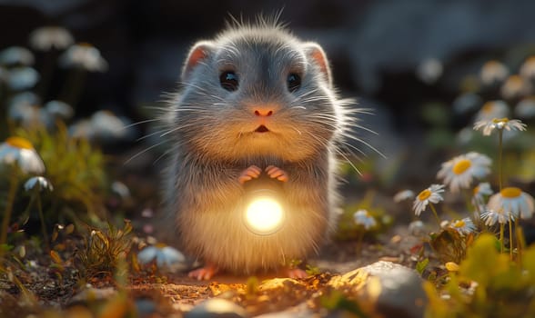 Illustration of a frightened hamster with a flashlight in the forest. Selective focus.