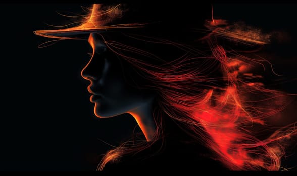 Female silhouette in a hat on a dark background. Selective focus.