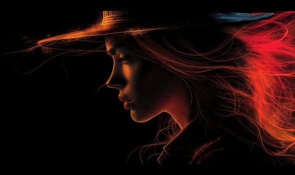 Female silhouette in a hat on a dark background. Selective focus.