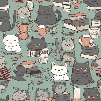 Patterns and banners backgrounds: Seamless pattern with cats and books. Hand drawn vector illustration.