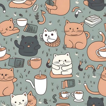 Patterns and banners backgrounds: Seamless pattern with cute cats and coffee. Vector illustration.