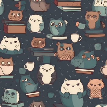 Patterns and banners backgrounds: Seamless pattern with owls and books. Vector illustration.