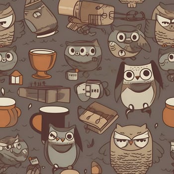 Patterns and banners backgrounds: Seamless pattern with cute owls, books and cups.