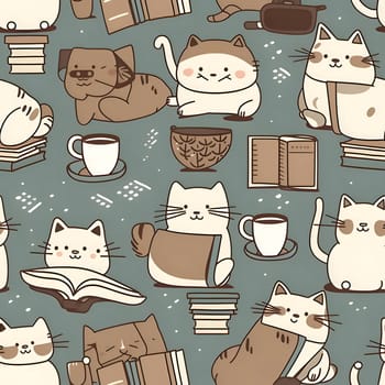 Patterns and banners backgrounds: Seamless pattern with cats, books and coffee. Vector illustration.