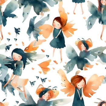 Patterns and banners backgrounds: Seamless pattern with watercolor angels and butterflies. Vector illustration.