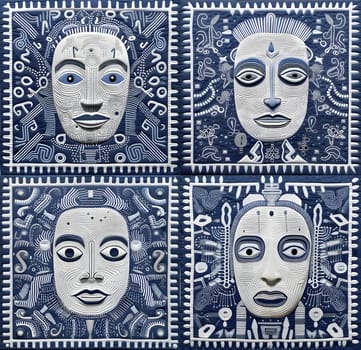 Patterns and banners backgrounds: Set of decorative stamps with face of robot on dark blue background.