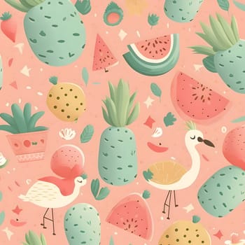 Patterns and banners backgrounds: Seamless pattern with watermelon, pineapple and flamingo.