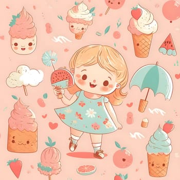 Patterns and banners backgrounds: Cute little girl with ice cream. Vector hand drawn illustration.
