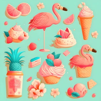 Patterns and banners backgrounds: Flamingo, ice cream, strawberry, pineapple, watermelon and other summer elements on mint background.