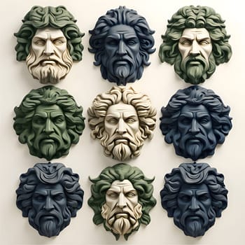 Patterns and banners backgrounds: Collage of different ancient greek gods heads. 3d rendering