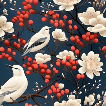 Patterns and banners backgrounds: Seamless pattern with birds and flowers on a dark blue background