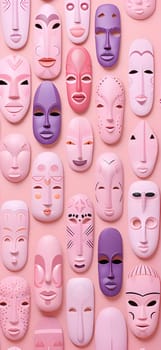 Patterns and banners backgrounds: Group of colorful masks on pink background, top view, flat lay