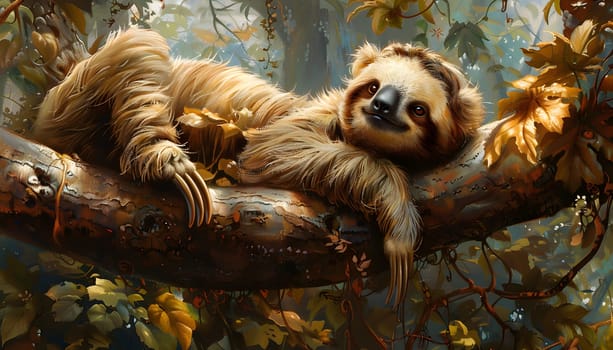 A sloth lounging on a tree branch, with its fur blending into the foliage. This terrestrial animal, known for its slow movement, can be found in wildlife sanctuaries, jungles, and forests