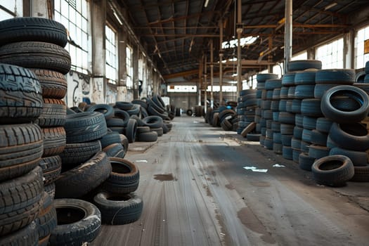 A warehouse packed with various sizes and brands of old car tires stacked in rows and piles.