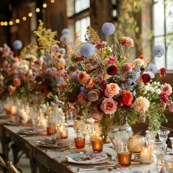 A beautifully decorated long table with a colorful flower arrangement, candles, and elegant tableware. The vase filled with roses and petals adds a touch of charm to the setting