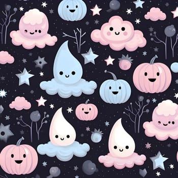 Patterns and banners backgrounds: Seamless pattern with cute cartoon clouds, stars and pumpkins.