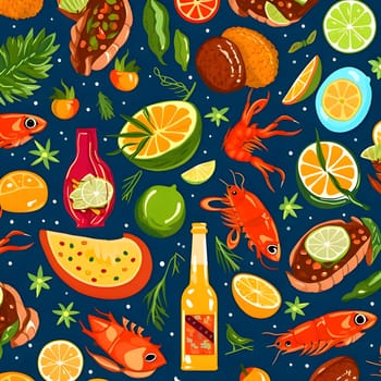 Patterns and banners backgrounds: Seamless pattern with seafood, fish, fruits and vegetables. Vector illustration