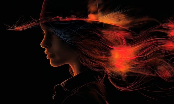 Female silhouette in a hat on a dark background. Selective focus.
